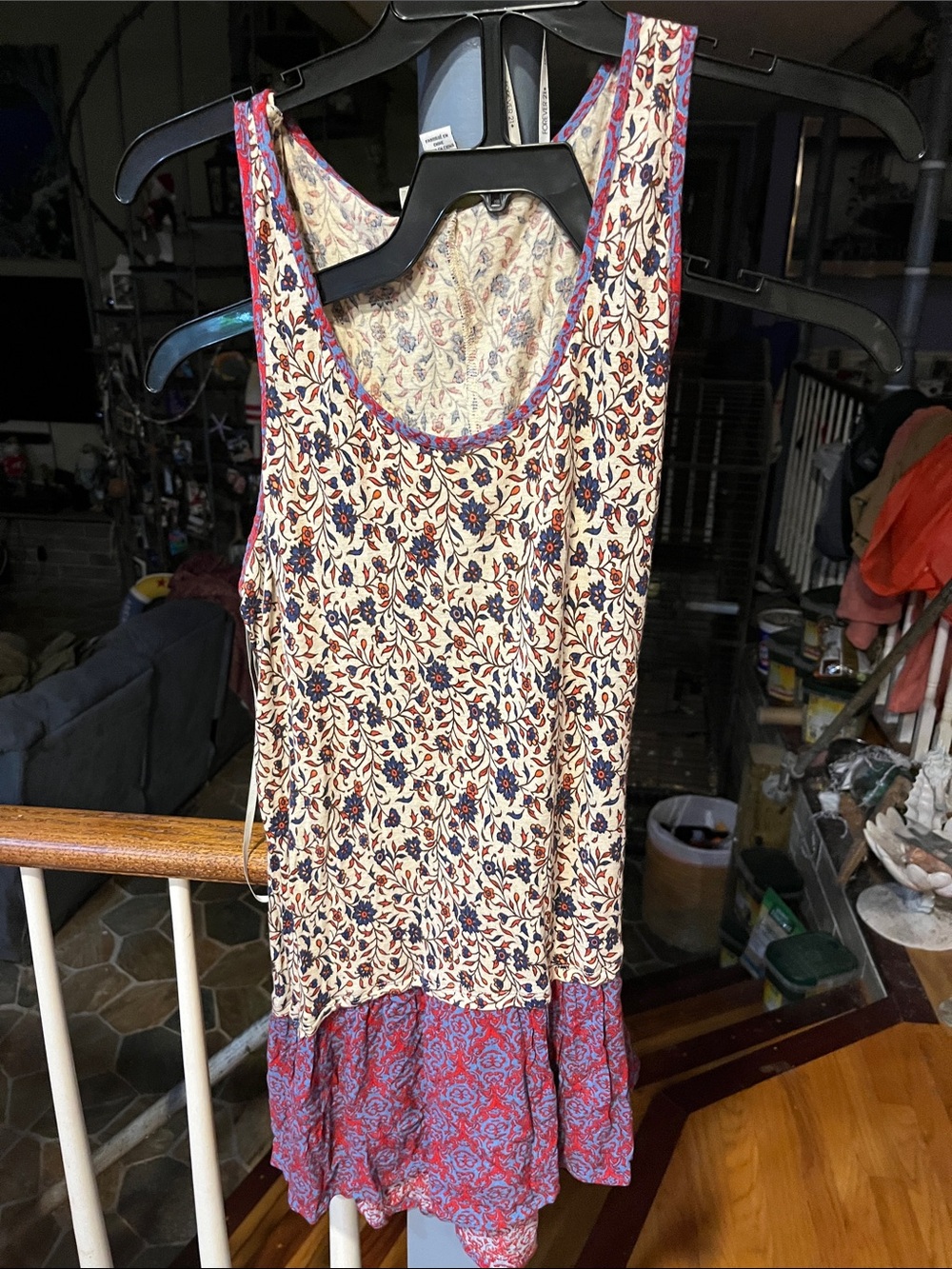 Forever 21 Cream Floral Scoop Tank with Blue-Pink Hem